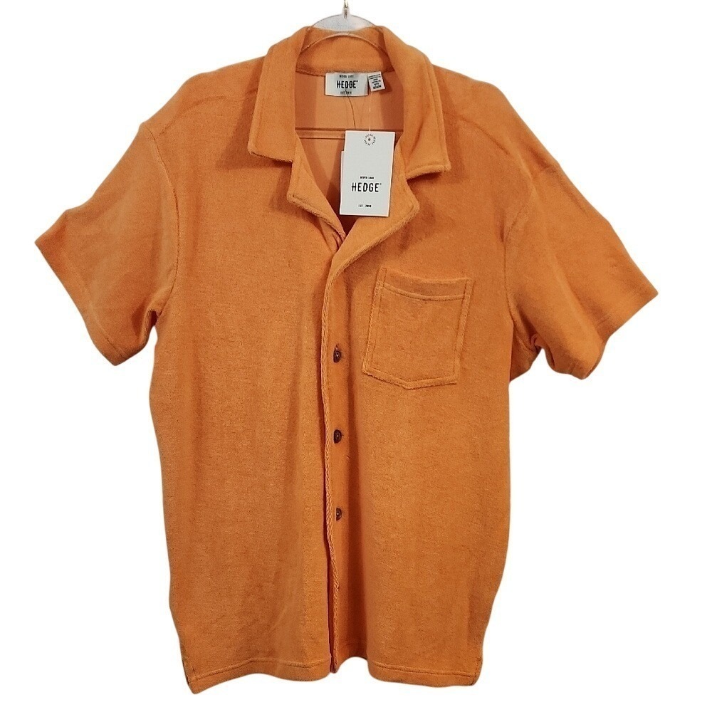 NWT HEDGE Men's Mandarin Terry Cloth Camp Shirt Button Up Size M